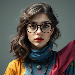 wide angle full body portrait shot todd solondz jewish princess wearing flowing colourful clothes, glasses, introvert geek, shy, clear todd solondz female face, highly detailed face, detailed eyes, alphonse mucha, rhads, ross tran, artstation, artgerm, octane render, 1 6 k