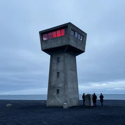 an old robust concrete brutalist observation tower from ww 2 with red light coming from inside. the tower stands in a icelandic beach, black sand beach, blue hour, cloudy day, watercolor, national romanticism by hans dahl, by jesper ejsing, by anders zorn, by greg rutkowski, by greg manchess, by tyler edlin, award winning, trending on artstation