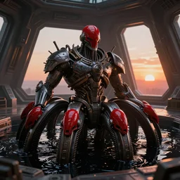 baron harkonnen designed by hr giger craig mullins moebius yasushi nirasawa, hdr, octane render, emerging from a black oil bath, 2 girds with red helmets, sanitarium type room with angular windows, sunset emoting through windows, volumetric lighting, photorealistic, 8 k