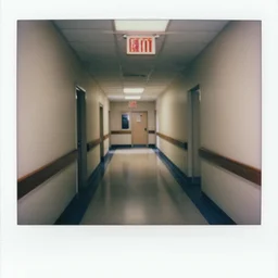 An empty hospital hallway with exit signs on the top, Liminal, polaroid photo, 1990, colored