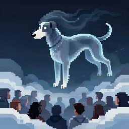 pixel art of a dog possesed by a evil spirit floating above the clouds looking down on humanity, borzoi, pixelated venom movie, ghostly form, transparent, d & d, highly, in the style of pixel art, detailed pixel art, digital pixel art, art stations, concept art, sharp focus, illustration, cinematic lighting, pixel, smooth pixel art