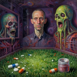 an empty room with grass, pills, grotesque, doomed, neural acrylic paint, high resolution, gouache on canvas, ultra detailed, vibrant colors, grotesque, wrapped thermal background, slimey, art by francis bacon, beksinski painting