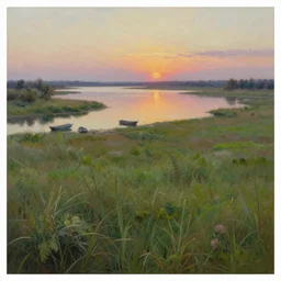 a grassy landscape with lakes and boats during dawn, sunset, ultra realistic, ultra detailed, beautiful oil painting, top view, wide angle