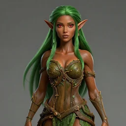 beautiful wood elf, female, green hair, brown skin, red eyes, ornamental dress made of branches, high fantasy, extremely detailed, smooth, sharp focus, digital illustration, by rossdraws, wlop, artgerm