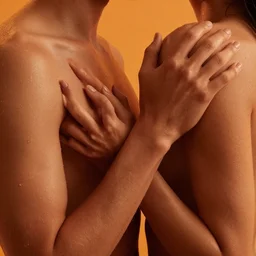 sensual bodies intertwined in orange light, wet skin, close together, holding each other tight, drops of water, beautiful hands, no head, no face, torso, backlit, 8 k, realistic