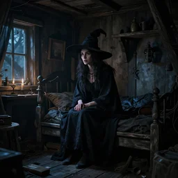 a witch sitting in the shadows on the inside of a decrepit cottage at night, highly detailed interior, by Bastien LeCouffe-Deharme, hyperrealistic, Cryengine 8k UHD