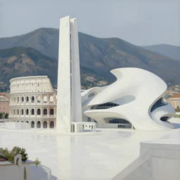 utopian city made out of glistening, white marble, nature backdrop, mountainous, fusion between historical and modern futuristic architecture, zaha hadid, rome, minimalism 4k, oil painting