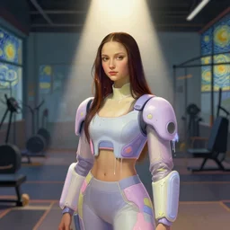 portrait of a beautiful girl inside a gym, futuristic clothes, pastel colors, beautiful face, rule of thirds, spotlight, drips of paint, expressive, passionate, by mandy jurgens, by vincent van gogh, digital painting, mona lisa