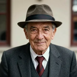 A photograph portrait of an old man in his eighties who looks like Jerma985 wearing a suit with and fedora in the 1990s, taken in the early 1990s, grainy, taken on a 1990s Camera, realistic, hyperrealistic, very realistic, highly detailed, very detailed, extremely detailed, detailed, digital art, trending on artstation
