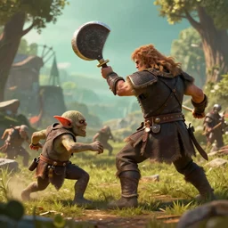 A man wielding a ham fighting goblins, 4k HDR