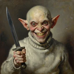 shredded physique portrait face head eyes grinning shamepunk the thieving Goblin wearing a grubby muslin turtleneck sweater whilst brandishing a dagger at you lisa yuskavage charlie bowater ross tran greg rutkowski greg danton jonas de ro jim mahfood victor brauner ilya repin oil painting