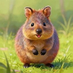 An adorable and colorful fantasy painting of a cute and happy quokka with colorful fur, by greg rutkowski and thomas kinkade, trending on artstation
