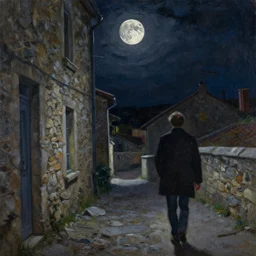 portrait of the moon, time flying by in barbes rochechouart, regrets, melancholy, absent father, odissey, gritty feeling, moon, moonlight, at night, wandering in the city, stone, chaotic punk, oil painting, by beksinski, by kurosawa, by kiarostami, intense emotion