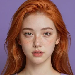 portrait Girl with orange hair and freckles, purple background, cute-fine-face, pretty face, realistic shaded Perfect face, fine details. realistic shaded lighting by David Belliveau,
