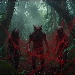 elder demons from the abyss in a misty tropical forest, red webs and fungus, found footage, vhs footage