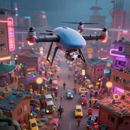 3 d vfx - caricature - art of drones in a bustling - neon lit - ajegunle slum in nigeria, unreal engine render, digital illustration, illustration style by mike winkelmann, sharp, intricate detail, volumetric light, ray tracing, soft light, colourful, claymation, drone view, fish eye lens, acrylic, cinestill 8 0 0 t,