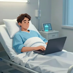 man working on his laptop on his deathbed alone in the hospital, digital art