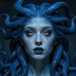 hyperrealistic highly detailed close-up portrait of a Rubensian blue gothic medusa with round cat eyes sharp concept art wayne barlowe cinematic lighting 8k low angle shallow depth of field