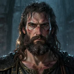 maximus decimus meridius with beard, scarred, wet, raining, close up, rim lighting, portrait, sinister atmospheric lighting. highly detailed painting by greg rutkowski, anime style