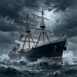 a majestic ship sinking in a raging storm, dark mood, amazing lighting, highly detailed