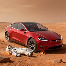 elon's red tesla car crashed on the surface of mars, crumpled and wrecked. spacesuit thrown from car and on fire, by fantasy artist tiago da silva ( grafik ) highly detailed, cinematic, concept art, digital matte painting