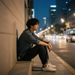 guy  sitting at late night, city