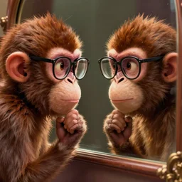 lofi monkey in front of a mirror reflecting anger facial expression of a human face, symmetrical hands, mirrored glasses, Pixar style by Tristan Eaton Stanley Artgerm and Tom Bagshaw, high detail