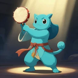 cyan spirit axie pet dances holding shaman tambourine like shaman, fantasy, studio ghibli, clean cel shaded vector art, cinematic lighting, volumetric lighting, smooth, sharp focus, highly detailed, render in unreal engine 5, artstation, deviantart, behance, trending, epic composition, octane, light rays, award - winning