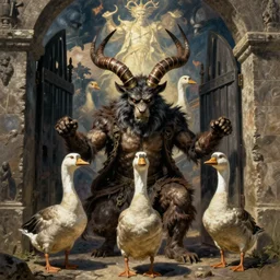 cerberus with angry geese as its heads, guarding the gates of hell, art by gustave dore