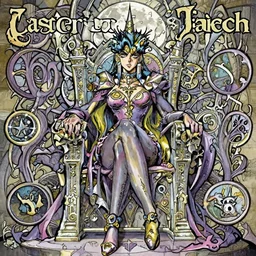 Castlevania Witch, magic the gathering sorceress, sitting on a throne, Jojo's Bizarre Adventure Cover Art, full moon, gothic, symphony of the night, manga, highly detailed, beauty, art by Tim Burton, intricate, elegant, J. C. Leyendecker