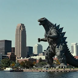 albany skyline with godzilla attacking the corning tower, old movie