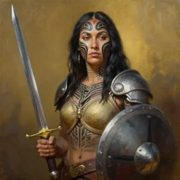 greg manchess oil matte portrait painting, maori female knight with beautiful face tattoos, sword and shield, wonderful masterpiece highly detailed, scifi, beautiful cinematic light deep focus, elegant, digital painting, smooth, sharp focus, golden ratio, dramatic illumination, ultra realistic, 4 k, art by greg rutkowski wlop rossdraws