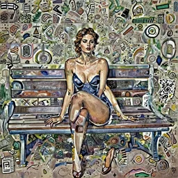 sexy woman with brown hair sitting on a bench, in the style of ilya kuvshinov
