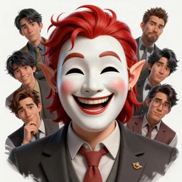 a portrait of the happy mask salesman, elven, grinning, red hair, art by lois van baarle and loish and ross tran and rossdraws and sam yang and samdoesarts and artgerm and saruei and disney and wlop, digital art, highly detailed, intricate, sharp focus, trending on artstation hq, deviantart, unreal engine 5, 4 k uhd image