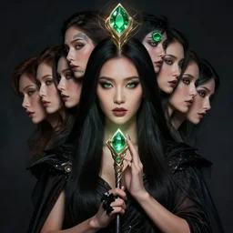 epic masterpiece portrait of a dark asian sorceress with a magic wand, followed by heads with many faces, beautiful face and flawless skin, perfect hands, emeralds by Edgar Maxence and Ross Tran and Michael Whelan, Legends of Runeterra