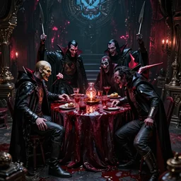warriors battling vampires, bloody, cinematic lighting, photorealistic, cgi, hyper - realistic, concept art, octane render, detailed and intricate environment, 4 k, artstation trending, behance, by digic pictures