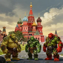 moscow in style of world of warcraft orgrimmar, red square, orc village, green and red orcs in modern camouflage, illustration in style of darek zabrocki, noah bradley, cinematic