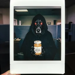 hyperrealistic polaroid ghost - hunter photograph of an unsettling eldritch cultist dog glowing red eyes holding a jar of cursed forbidden peanut butter, lovecraftian horror, dramatic lighting, horror, eldritch horror, creepy abandoned office cubicle in the background, grimey, damaged photo