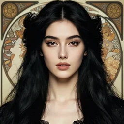 portrait of a tall 4 0 - year - old woman with thin lips, long, lush black hair like a crown black, and thick eyebrows, wearing in black clothes, aristocratic appearance, hyper realistic face, beautiful eyes, close up, fantasy art, in the style of greg rutkowski, intricate, alphonse mucha, hyper detailed, smooth