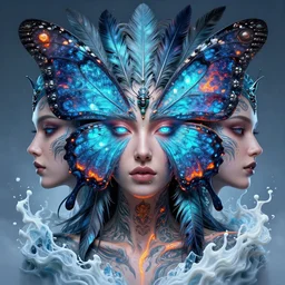 3 d goddess butterfly face portrait, face in the center, beautiful intricate highly detailed quetzalcoatl feathers and tattoos. bioluminescent, lava, ice, milk, galaxy, artwork by tooth wu and wlop and beeple and greg rutkowski, 8 k trending on artstation, volumetric lighting