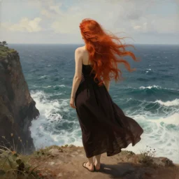 a woman with long flowing red hair standing on a cliff overlooking a turbulent sea, artgerm, highly detailed,