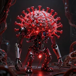 photo of Dark Deep glowing red resonance fiber optics biophilic parasitic Diffusion Space Cranq Xenon parasitic robotic futuristic robot virus Brain biomorph Smart bionicle organism biomimmicry exo Biomorph hydraulics trending on behance visualisation industrial design neural Space design