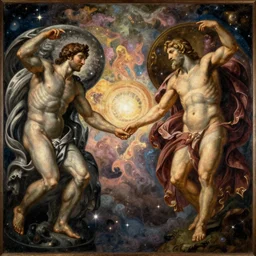 the souls of the cosmos enter heaven. oil painting masterpiece. intricate details. michelangelo. high quality