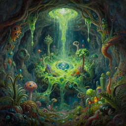 fantasy oil painting, center of the earth landscape, hidden underground place with micro magic world, exotic vegetation, green slime oozing down, art by brothers hildebrandt, book cover illustration, sharp focus, extremely detailed