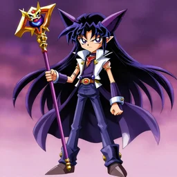 dark magician girl from yu-gi-oh, anime style, stern look, staff, full view