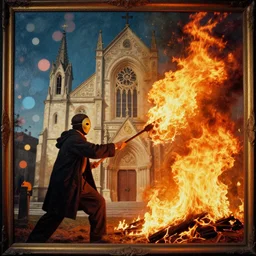 a painting of a man wearing a mask as he sets fire to a church, bokeh, color grading, filmic, dslr, velvia, vintage, spectral color, fire, burn, inferno, post - production, in a symbolic and meaningful style, insanely detailed and intricate, hypermaximalist, elegant, ornate, hyper realistic, super detailed