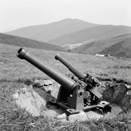 ww 1 artillery pieces entrenched with a beautiful background of hills and mountains, black and white photography, 1 9 0 5