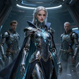 detailed portrait of a cyborg, necromancer, benevolent, scifi, futuristic, beautiful girl, elegant cape, glow, concept art, sharp focus, inside a space ship, trending on artstation, intricate, advanced technology, art by roman makarenko and simon almeida and marcos melco
