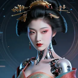 retrofuturistic portrait of a beautiful geisha cyborg, space graphics in background, close up, quint buchholz, wlop, dan mumford, artgerm, liam brazier, peter mohrbacher, raw, featured on artstation, octane render, cinematic, elegant, intricate, 8 k