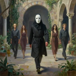 disciple in mask portrait, walking through an ambient light - filled courtyard, morning light, romanesque architecture, chiaroscuro, atmospheric, detailed, lush, fantastical, lowbrow, pop surrealism,, mike davis, mark ryden, marion peck, camille rose garcia, todd schorr and ray caesar, oil on canvas